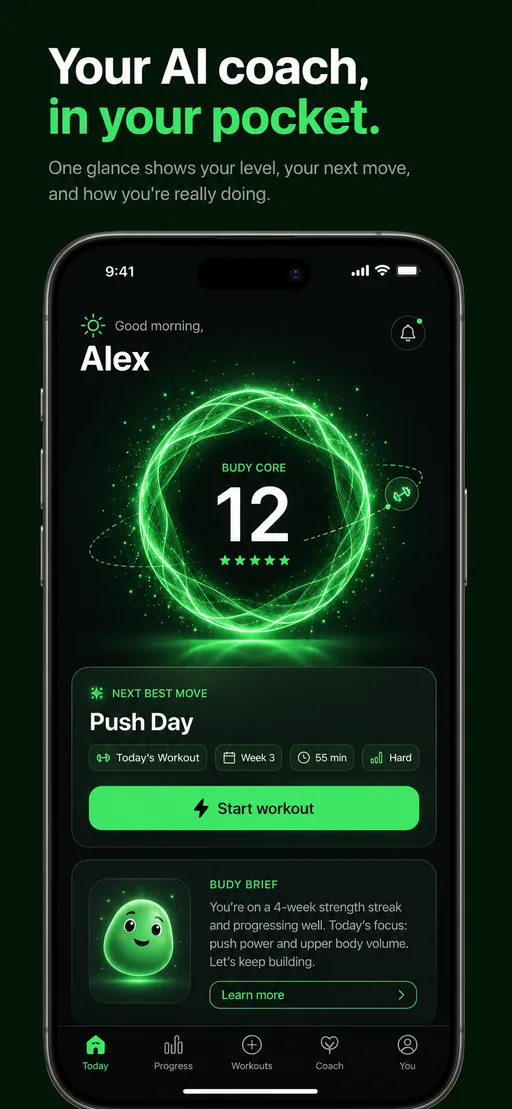 Budy mobile app AI coach dashboard with daily workout plan context