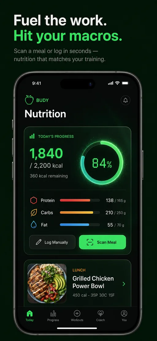Budy mobile app nutrition dashboard with macro and meal context